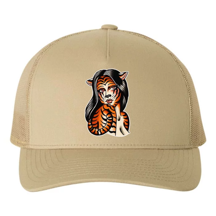 Tiger Girl Pretty Girl Bengal Tiger Traditional Tattoo Flash Yupoong Adult 5-Panel Trucker Hat