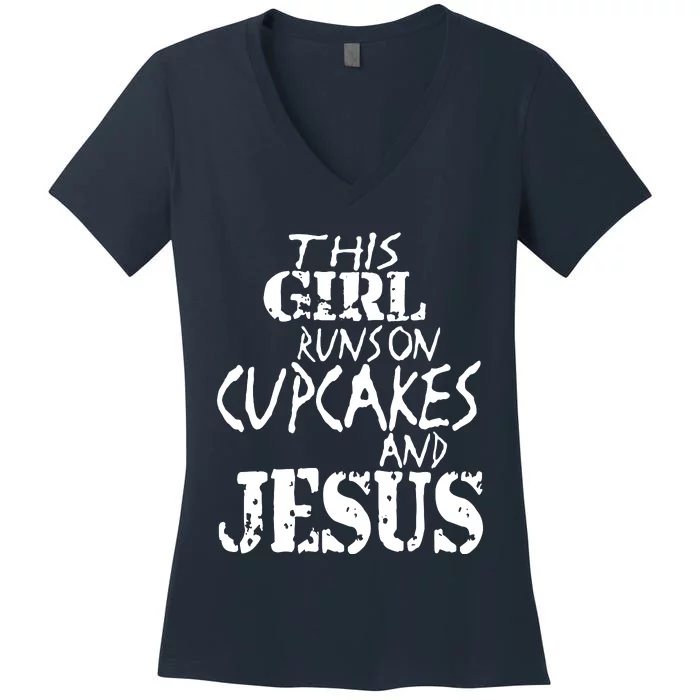 This Girl Runs On Cupcake And Jesus Women's V-Neck T-Shirt