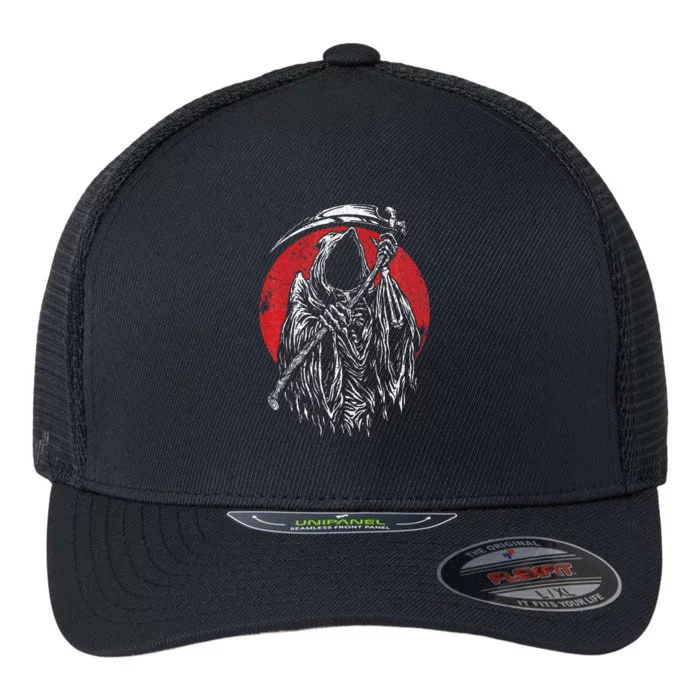 The Grim Reaper Skeleton Skull Death Scythe Grunge Horror Flexfit Unipanel Trucker Cap