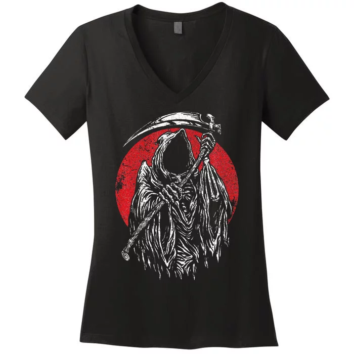 The Grim Reaper Skeleton Skull Death Scythe Grunge Horror Women's V-Neck T-Shirt