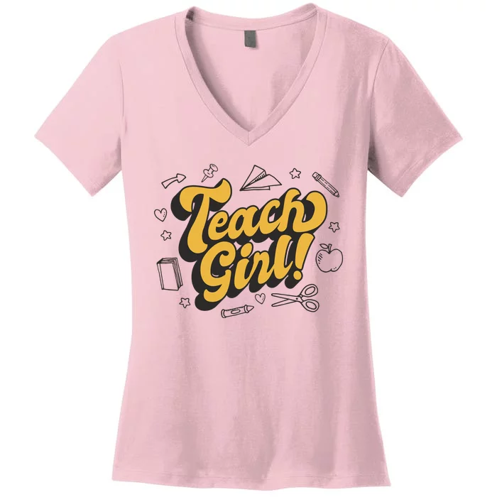 Teach Girl Retro Cute Gift For Teacher Women's V-Neck T-Shirt