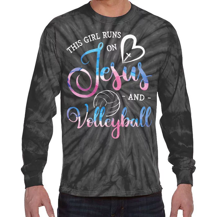 This Girl Runs On Jesus And Volleyball Player Christian Gift Tie-Dye Long Sleeve Shirt