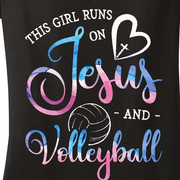 This Girl Runs On Jesus And Volleyball Player Christian Gift Women's V-Neck T-Shirt