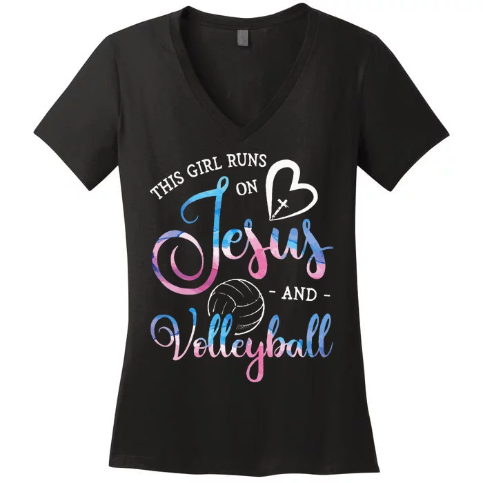 This Girl Runs On Jesus And Volleyball Player Christian Gift Women's V-Neck T-Shirt