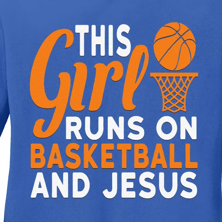 This Girl Runs On Basketball And Jesus Graphic Ladies Long Sleeve Shirt