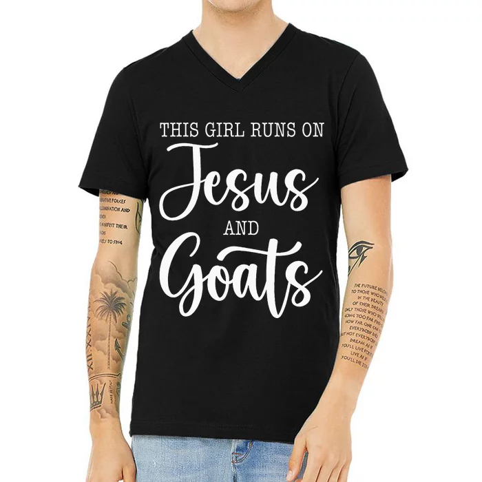 This Girl Runs On Jesus And Goats Goat Lover Christian V-Neck T-Shirt