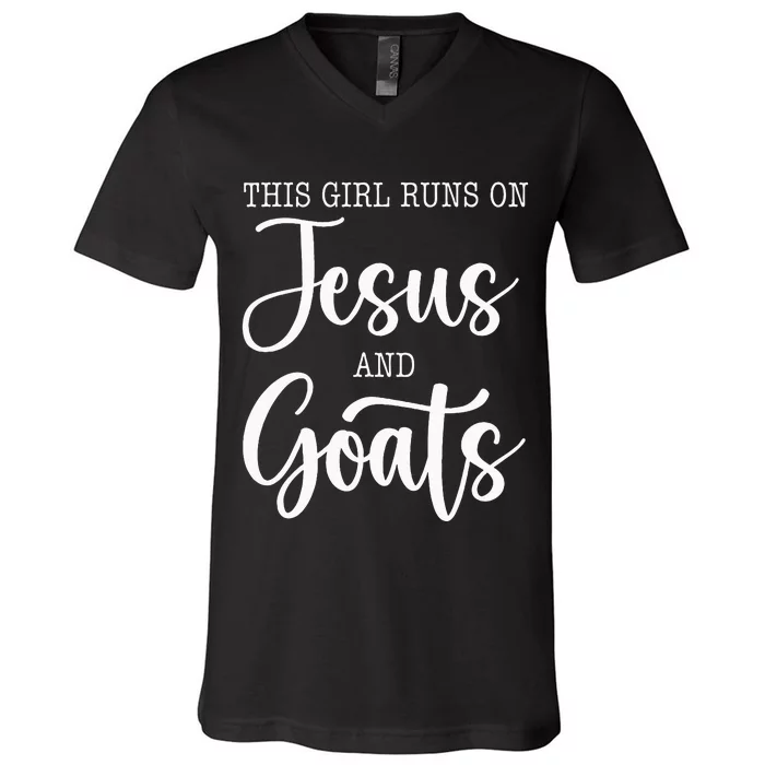 This Girl Runs On Jesus And Goats Goat Lover Christian V-Neck T-Shirt