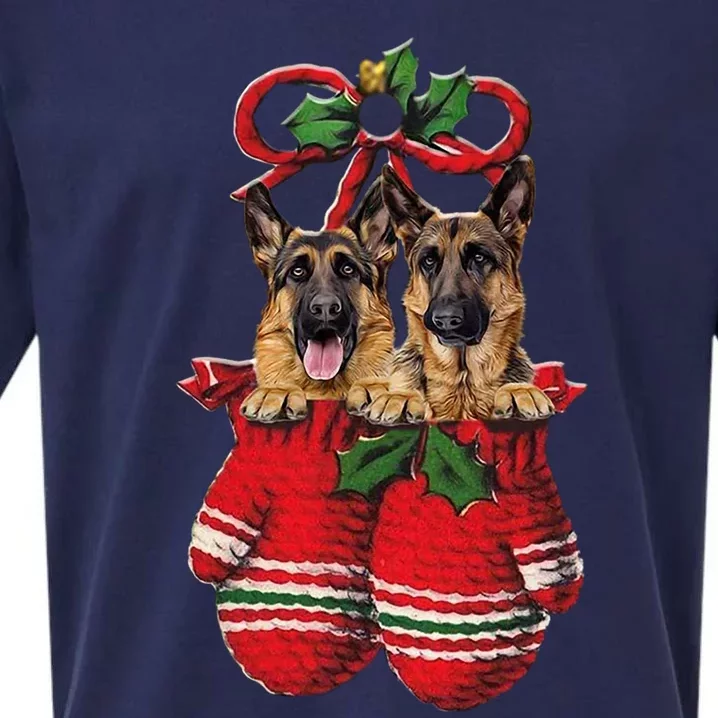 Two Ger Shepherd Dog Inside Gloves Christmas Ornat Gift Sueded Cloud Jersey T-Shirt