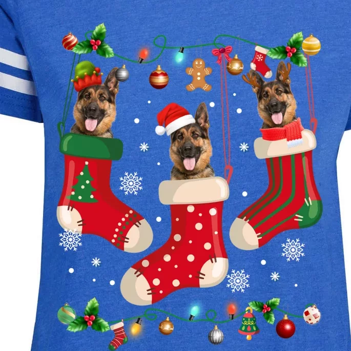 Three Ger Shepherd In Sock Christmas Santa Xgiftmas Dog Gift Enza Ladies Jersey Football T-Shirt