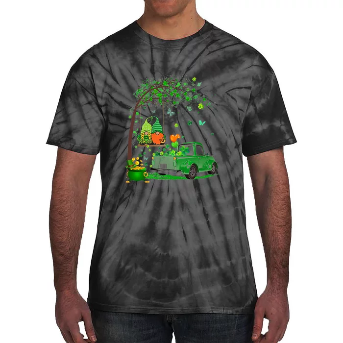 Two Gnomes Swing Tree Truck Clover Shamrock Patrick's Day Tie-Dye T-Shirt