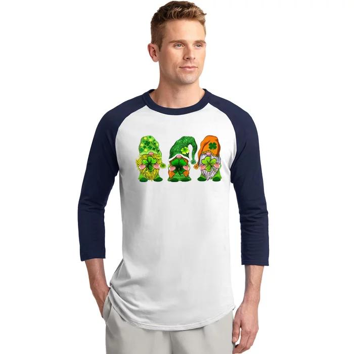 Three Gnomes Shamrock Happy St Patrick's Day Baseball Sleeve Shirt