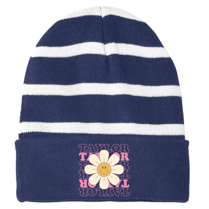 Taylor Groovy Sunflower Retro Striped Beanie with Solid Band