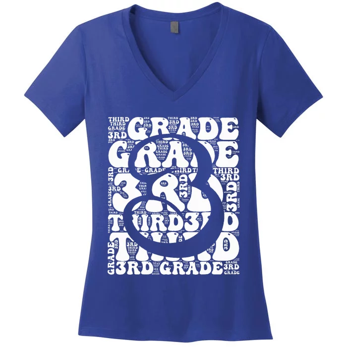 Typography Groovy Third Grade Teacher Back To School Women's V-Neck T-Shirt