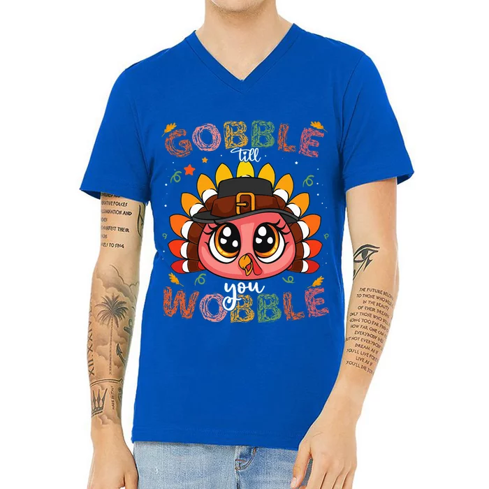 Turkey Gobble Till You Wobble Pilgrim Thanksgiving V-Neck T-Shirt