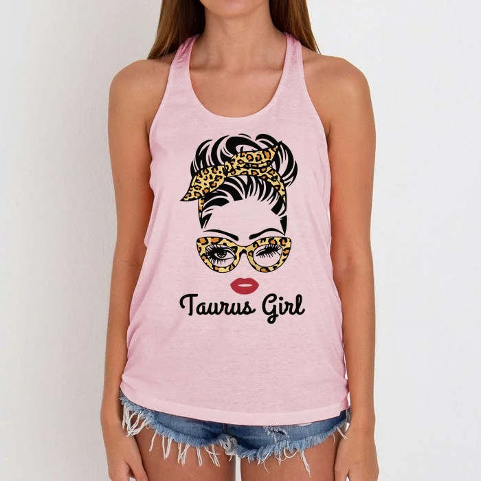 Taurus Girl Woman Face Leopard Bandana Wink Eye Women's Knotted Racerback Tank