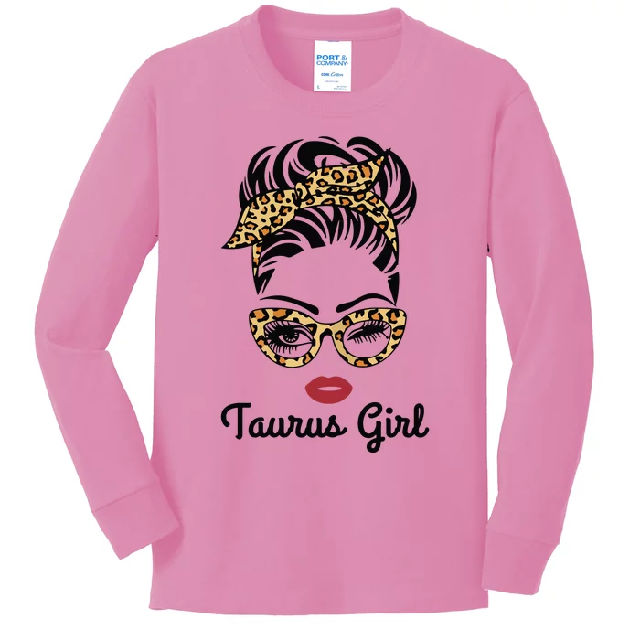 Taurus Girl Woman Face Leopard Bandana Wink Eye Kids Long Sleeve Shirt