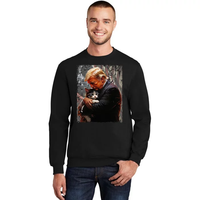 Trump Hugging An Orange Cat 2024 Make Cats Safe Again Tall Sweatshirt