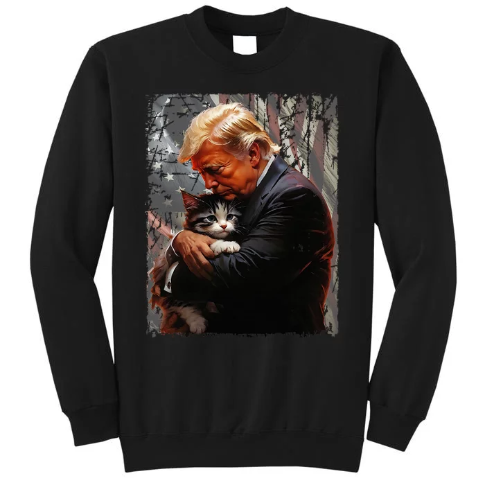 Trump Hugging An Orange Cat 2024 Make Cats Safe Again Tall Sweatshirt