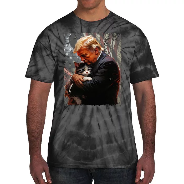 Trump Hugging An Orange Cat 2024 Make Cats Safe Again Tie-Dye T-Shirt