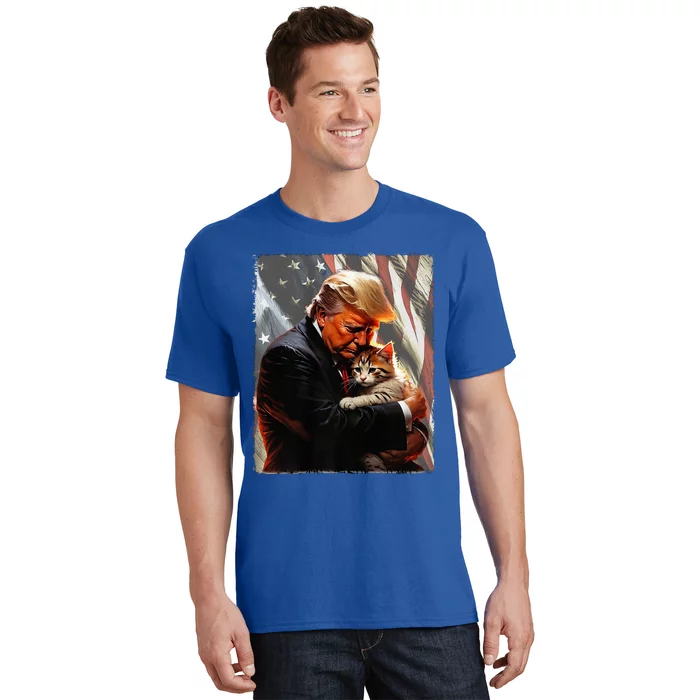 Trump Hugging An Orange Cat 2024 Make Cats Safe Again Premium T-Shirt