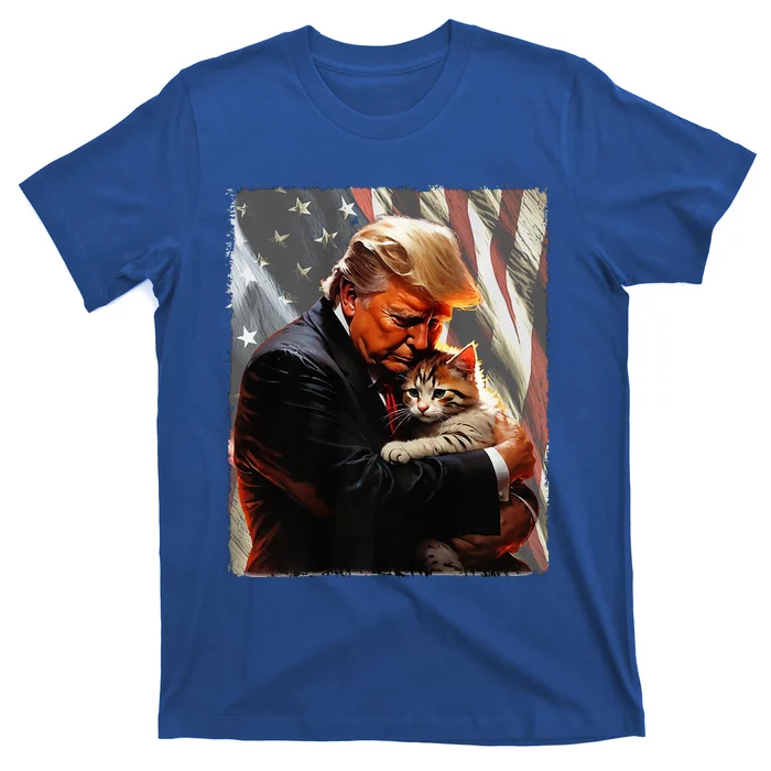 Trump Hugging An Orange Cat 2024 Make Cats Safe Again Premium T-Shirt