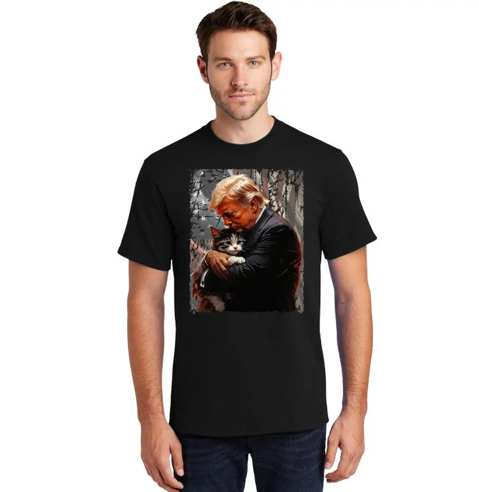 Trump Hugging An Orange Cat 2024 Make Cats Safe Again Tall T-Shirt