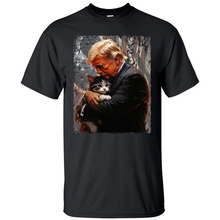 Trump Hugging An Orange Cat 2024 Make Cats Safe Again Tall T-Shirt