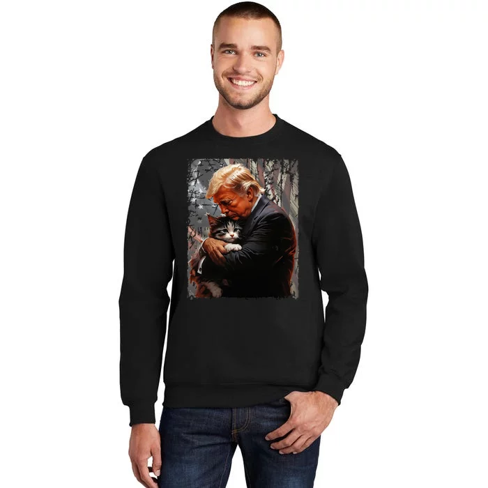 Trump Hugging An Orange Cat 2024 Make Cats Safe Again Tall Sweatshirt