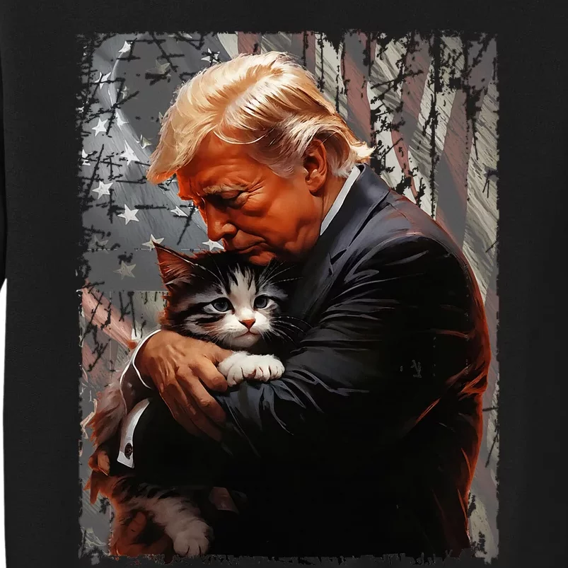 Trump Hugging An Orange Cat 2024 Make Cats Safe Again Tall Sweatshirt