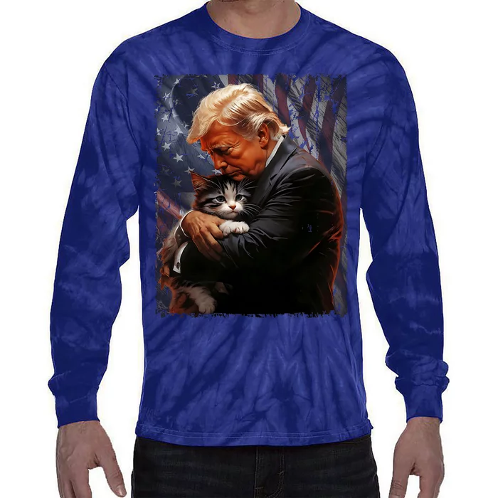 Trump Hugging An Orange Cat 2024 Make Cats Safe Again Tie-Dye Long Sleeve Shirt