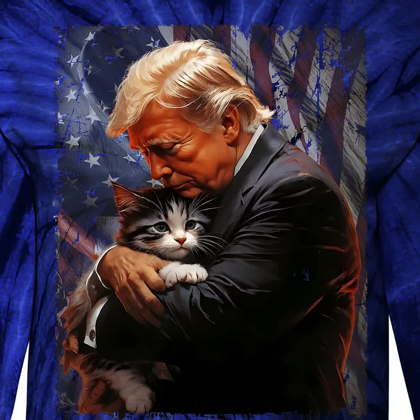 Trump Hugging An Orange Cat 2024 Make Cats Safe Again Tie-Dye Long Sleeve Shirt