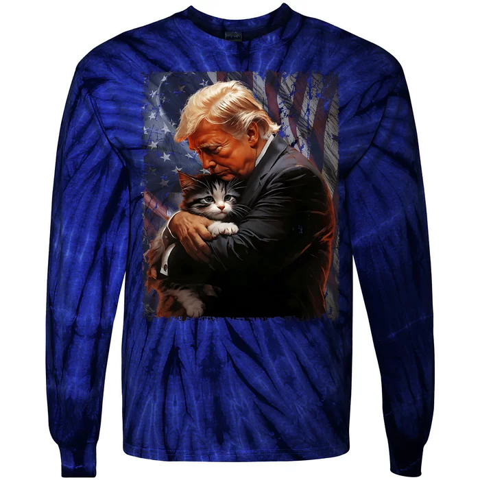 Trump Hugging An Orange Cat 2024 Make Cats Safe Again Tie-Dye Long Sleeve Shirt