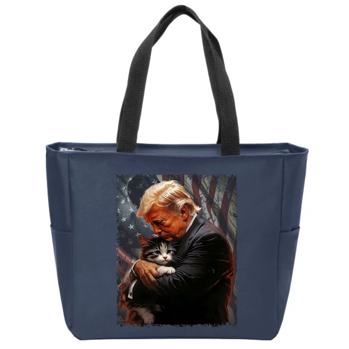 Trump Hugging An Orange Cat 2024 Make Cats Safe Again Zip Tote Bag