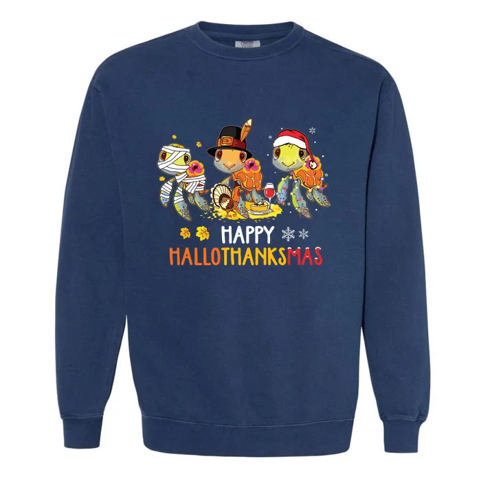 Turtles Halloween And Merry Christmas Happy Hallothanksmas Garment-Dyed Sweatshirt