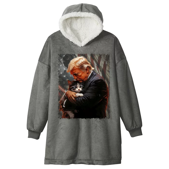 Trump Hugging An Orange Cat 2024 Make Cats Safe Again Hooded Wearable Blanket