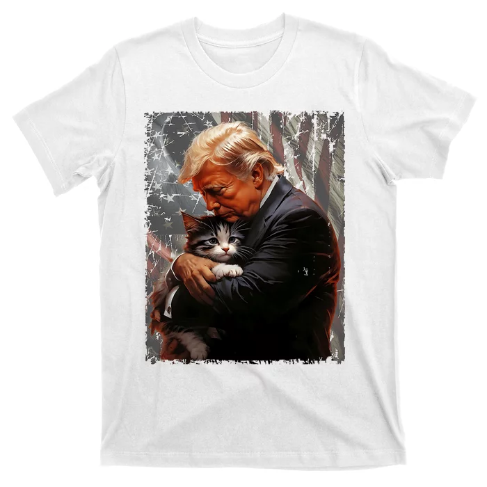 Trump Hugging An Orange Cat 2024 Make Cats Safe Again T-Shirt