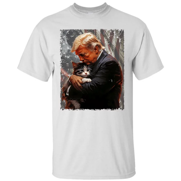 Trump Hugging An Orange Cat 2024 Make Cats Safe Again Tall T-Shirt