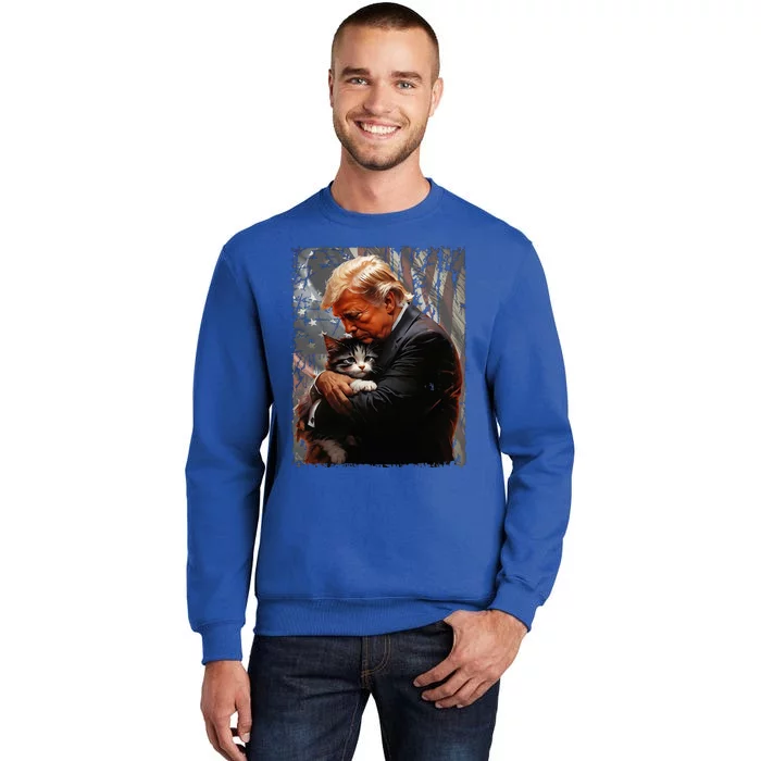 Trump Hugging An Orange Cat 2024 Make Cats Safe Again Sweatshirt