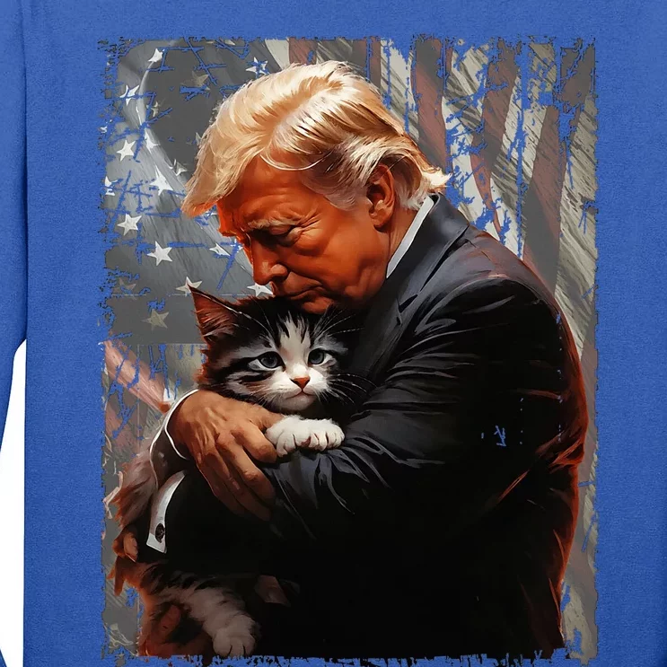 Trump Hugging An Orange Cat 2024 Make Cats Safe Again Tall Long Sleeve T-Shirt