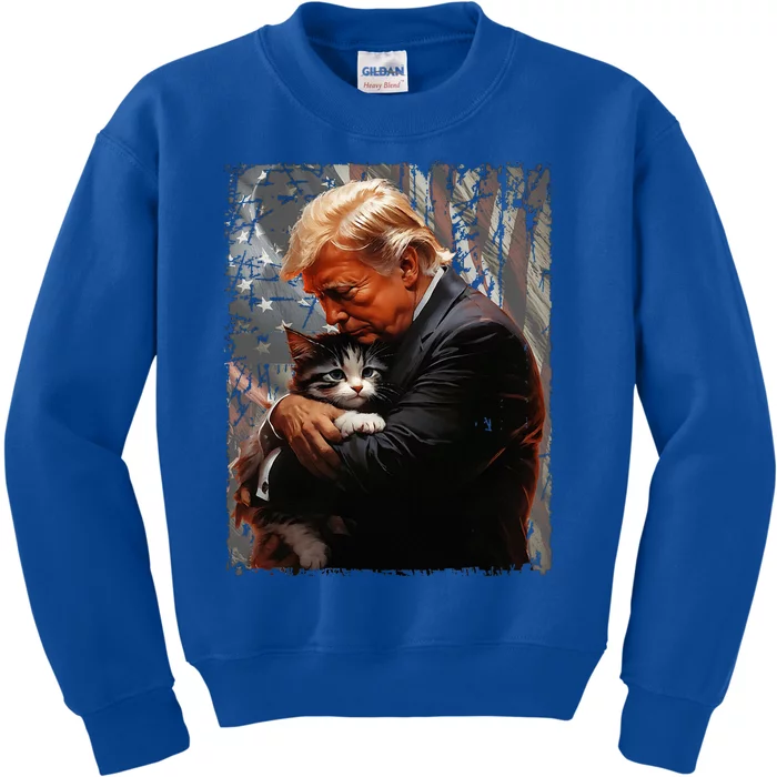 Trump Hugging An Orange Cat 2024 Make Cats Safe Again Kids Sweatshirt