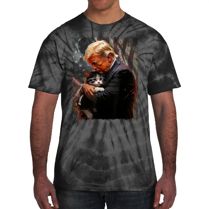 Trump Hugging An Orange Cat 2024 Make Cats Safe Again Tie-Dye T-Shirt