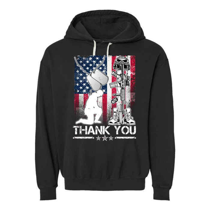 Thank You Memorial Day Distressed Flag Kneeling Soldier Garment-Dyed Fleece Hoodie