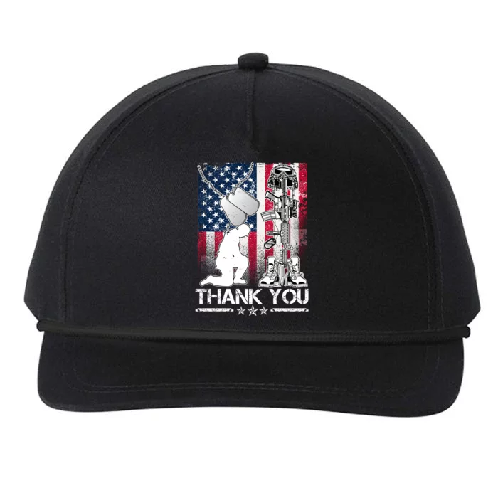 Thank You Memorial Day Distressed Flag Kneeling Soldier Snapback Five-Panel Rope Hat