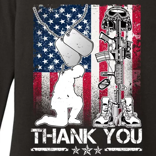 Thank You Memorial Day Distressed Flag Kneeling Soldier Womens CVC Long Sleeve Shirt