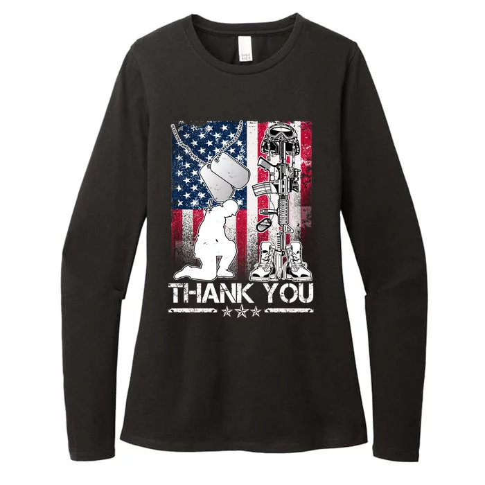 Thank You Memorial Day Distressed Flag Kneeling Soldier Womens CVC Long Sleeve Shirt