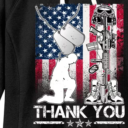 Thank You Memorial Day Distressed Flag Kneeling Soldier Women's Fleece Hoodie