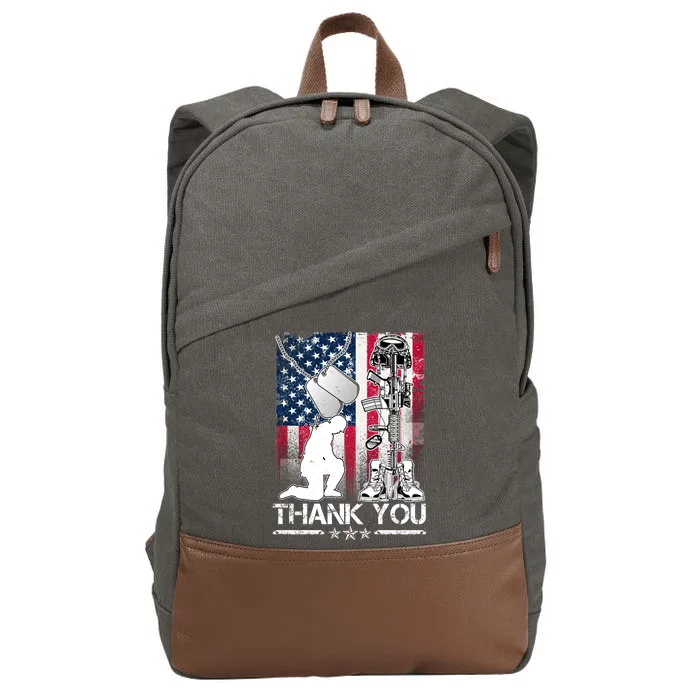 Thank You Memorial Day Distressed Flag Kneeling Soldier Cotton Canvas Backpack