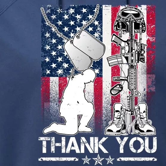 Thank You Memorial Day Distressed Flag Kneeling Soldier Performance Fleece Hoodie