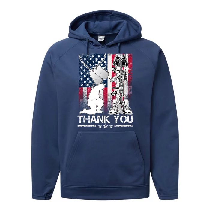 Thank You Memorial Day Distressed Flag Kneeling Soldier Performance Fleece Hoodie