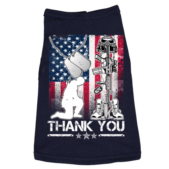 Thank You Memorial Day Distressed Flag Kneeling Soldier Doggie Tank